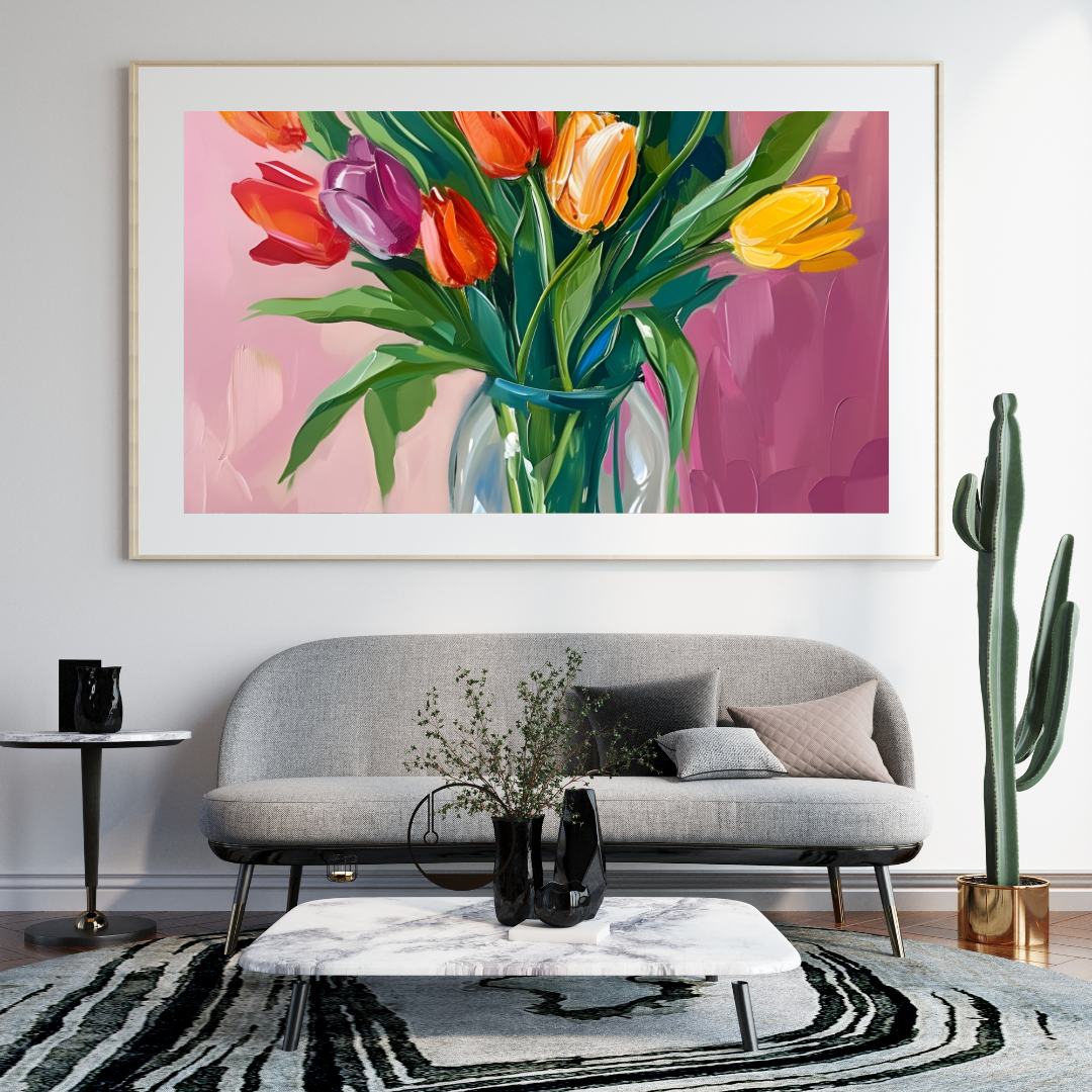"Vibrant Tulip Bouquet

Brighten up your space with this stunning floral artwork. A colorful mix of tulips in a clear vase, set against a soft pink background, creates a warm and inviting atmosphere. Perfect for adding a p