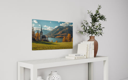 “Autumn Serenity – Church by the Lake Wall Art Print”