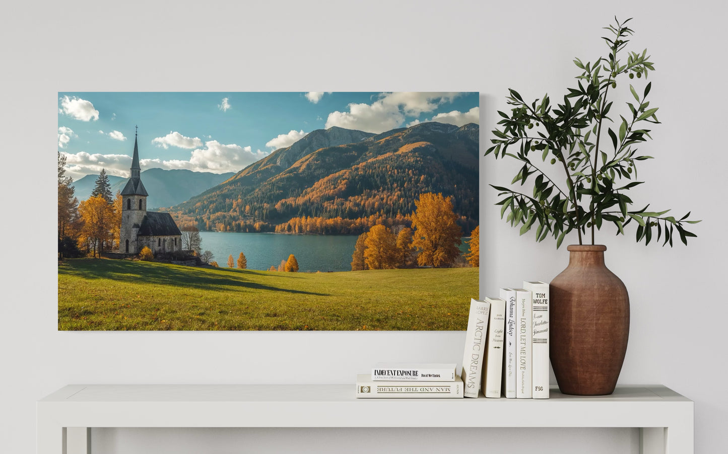 “Autumn Serenity – Church by the Lake Wall Art Print”