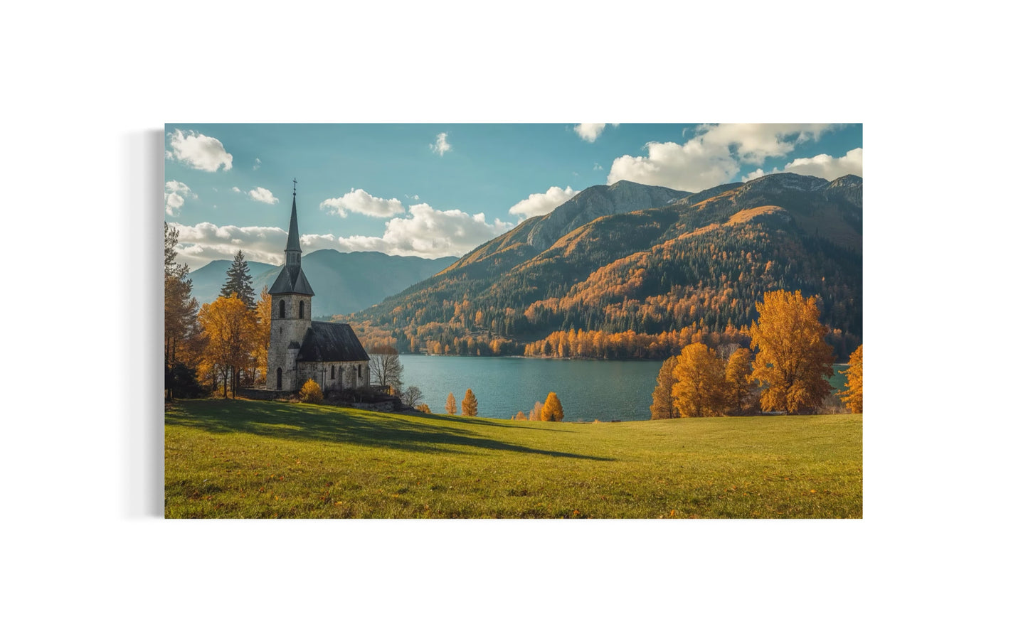 “Autumn Serenity – Church by the Lake Wall Art Print”