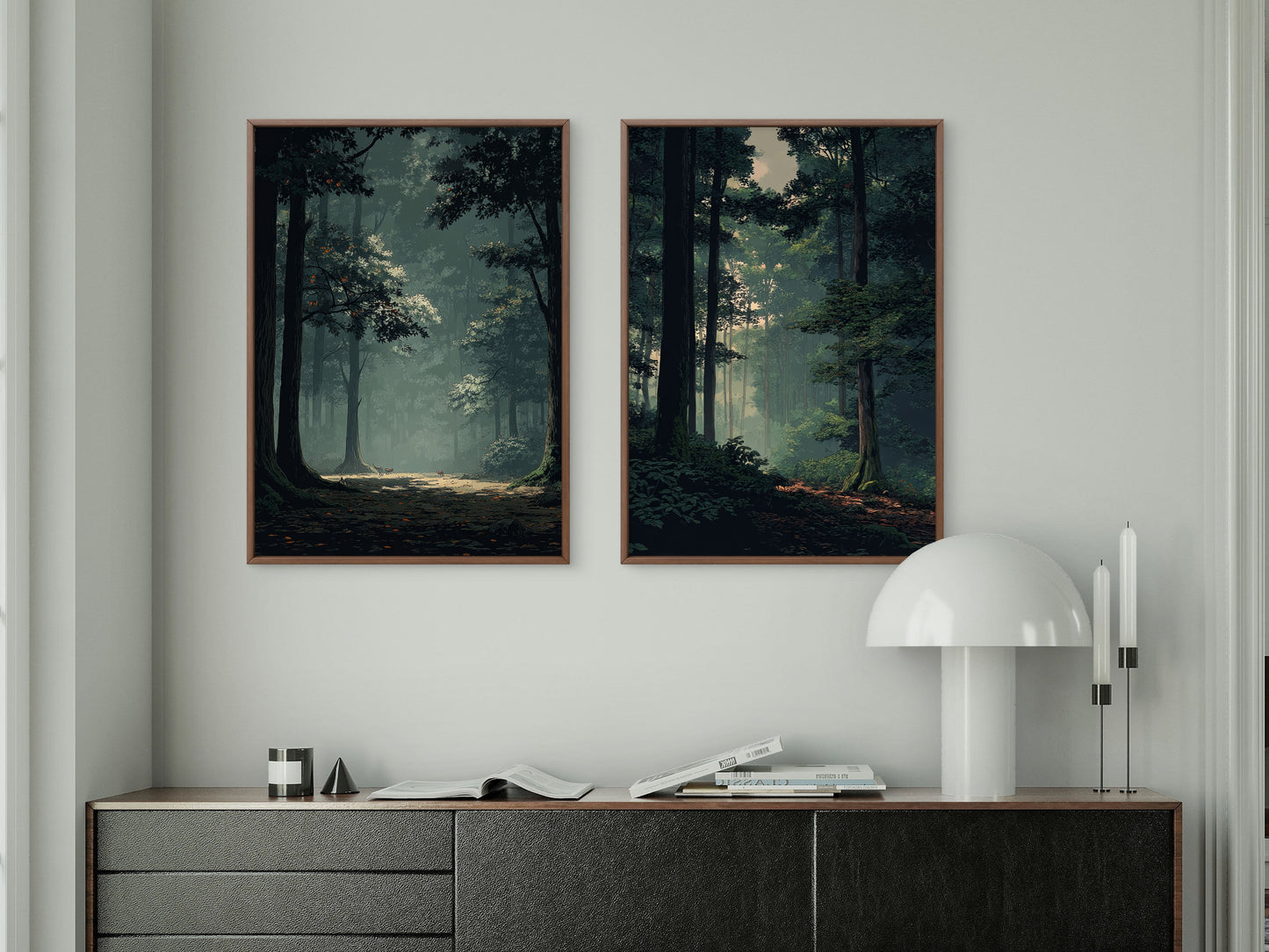 Neutral Moody Forest Wall Art Set of 2 | Green Landscape Canvas