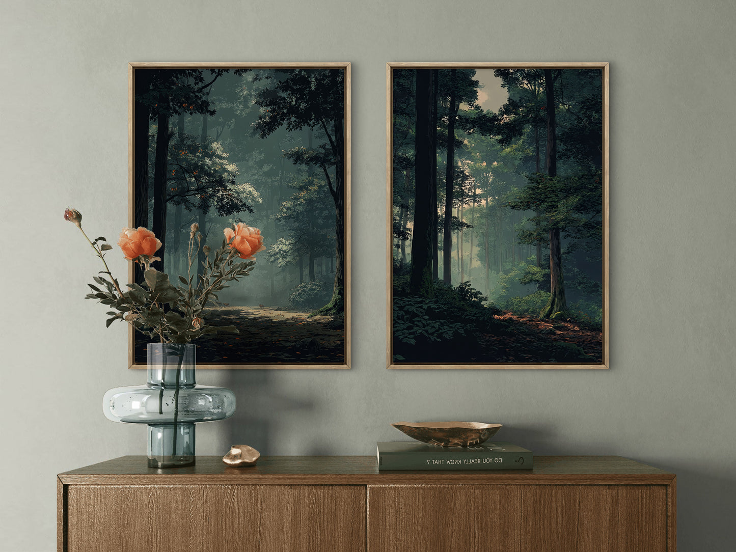 Neutral Moody Forest Wall Art Set of 2 | Green Landscape Canvas