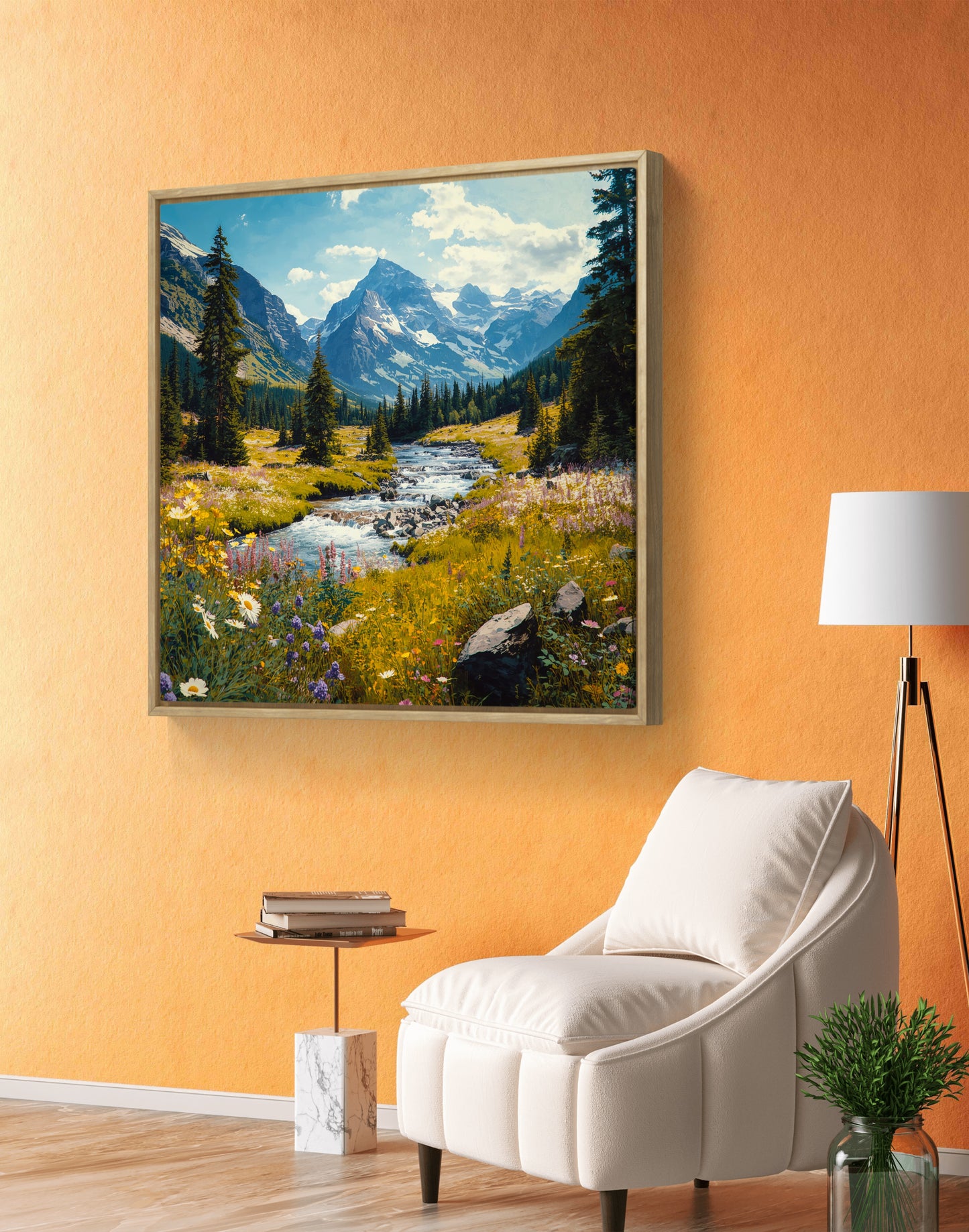 Mountain Landscape Wall Art, River Canvas Print, Nature Wall Decor, Square Wall Art, Framed Canvas, Living Room Art