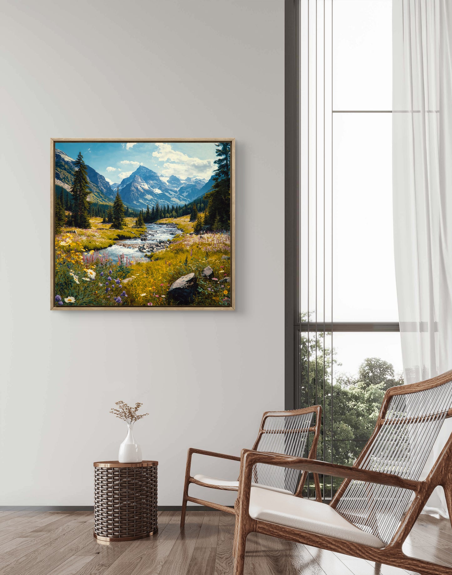 Mountain Landscape Wall Art, River Canvas Print, Nature Wall Decor, Square Wall Art, Framed Canvas, Living Room Art