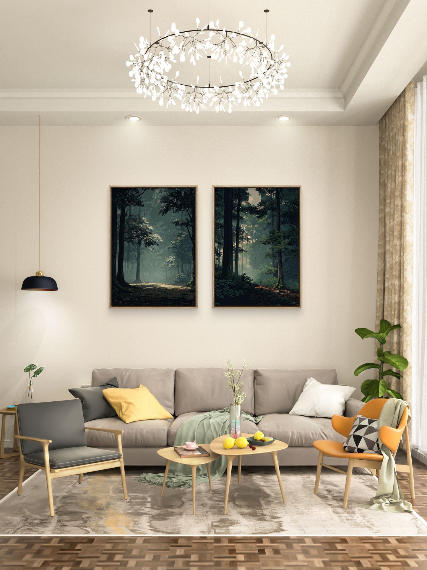 Neutral Moody Forest Wall Art Set of 2 | Green Landscape Canvas