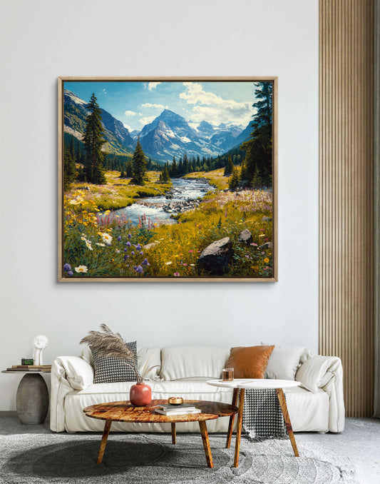 Mountain Landscape Wall Art, River Canvas Print, Nature Wall Decor, Square Wall Art, Framed Canvas, Living Room Art