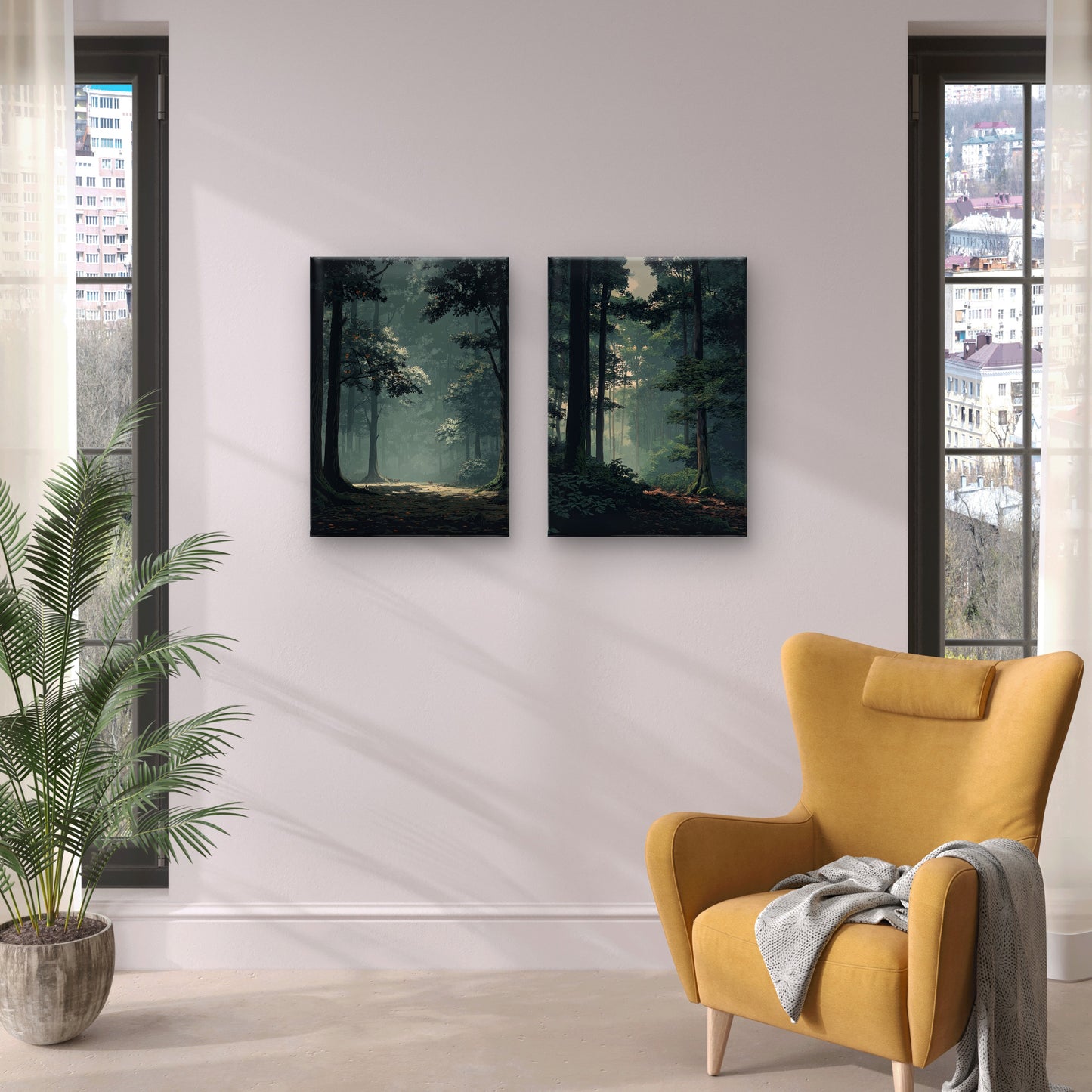 Neutral Moody Forest Wall Art Set of 2 | Green Landscape Canvas