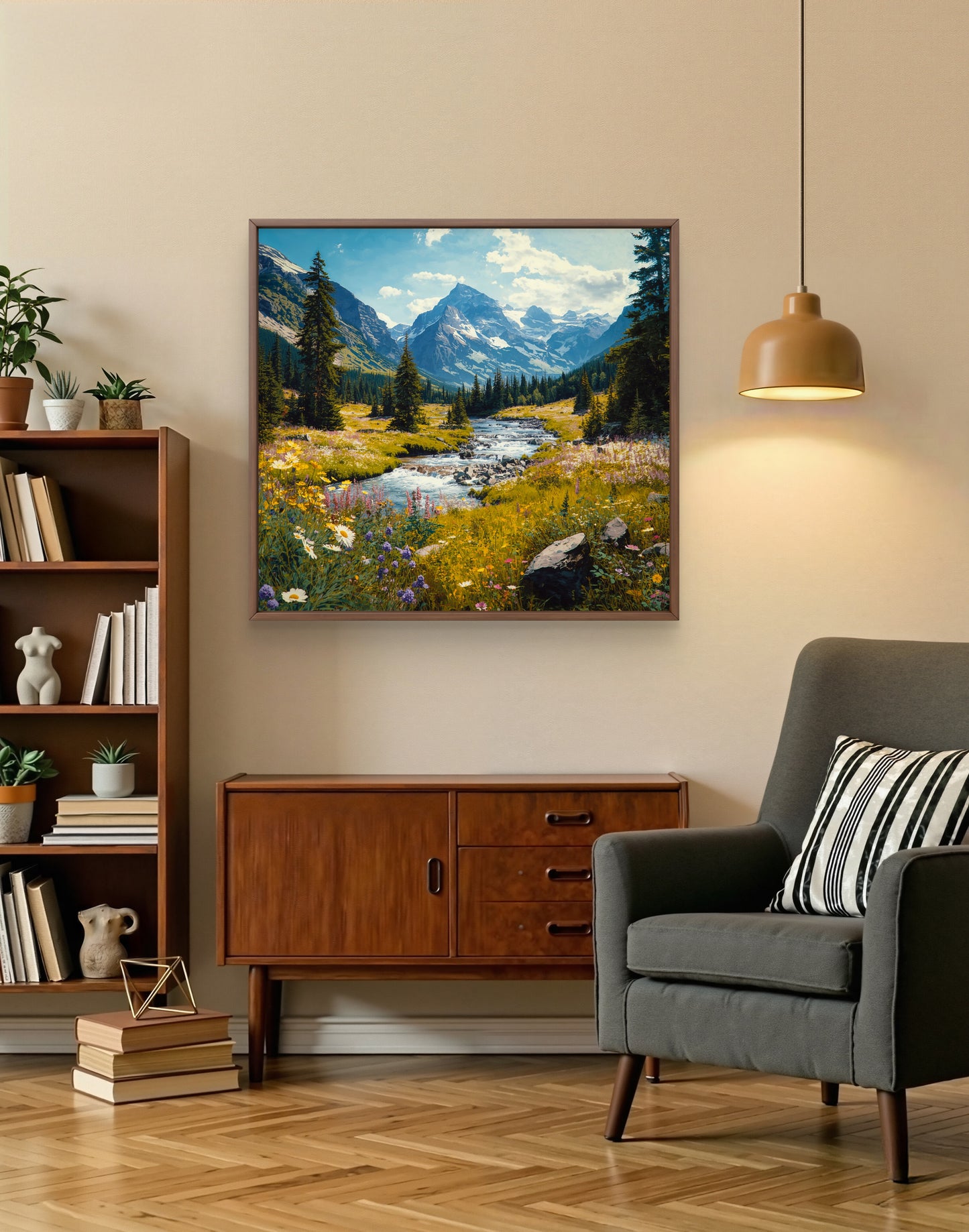 Mountain Landscape Wall Art, River Canvas Print, Nature Wall Decor, Square Wall Art, Framed Canvas, Living Room Art