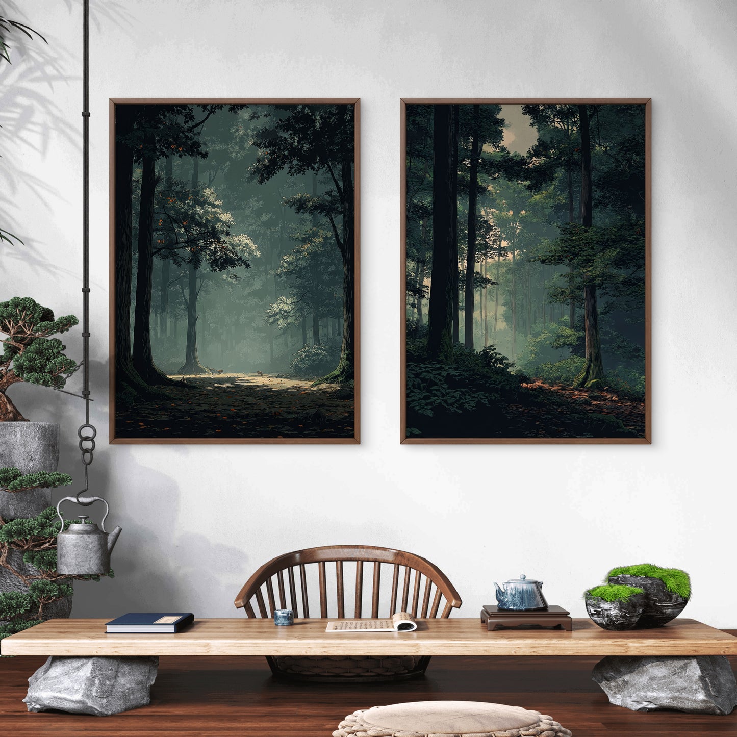 Neutral Moody Forest Wall Art Set of 2 | Green Landscape Canvas