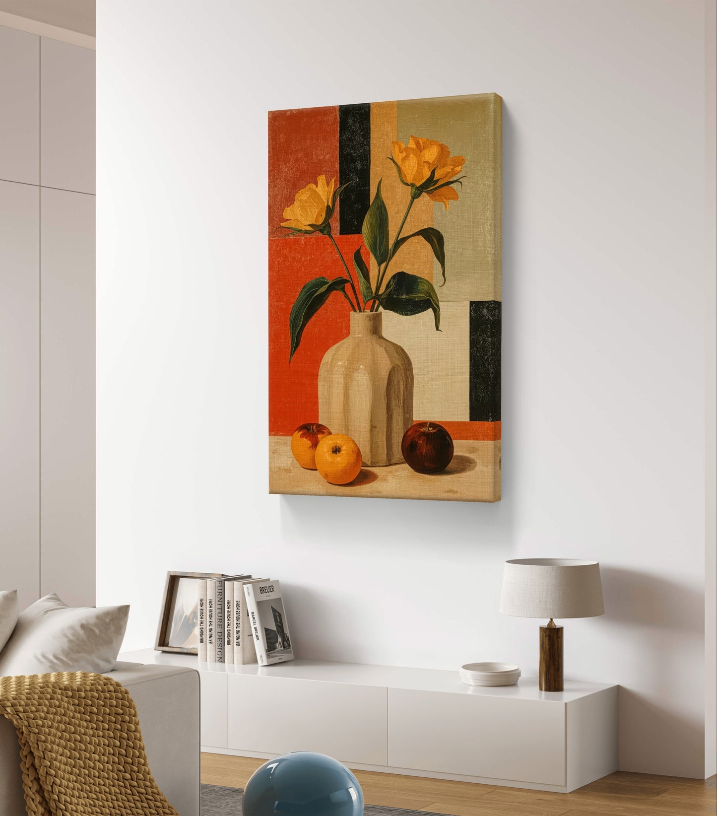 Golden Geometry – Still Life with Tulips and Oranges Premium Wall Art Print