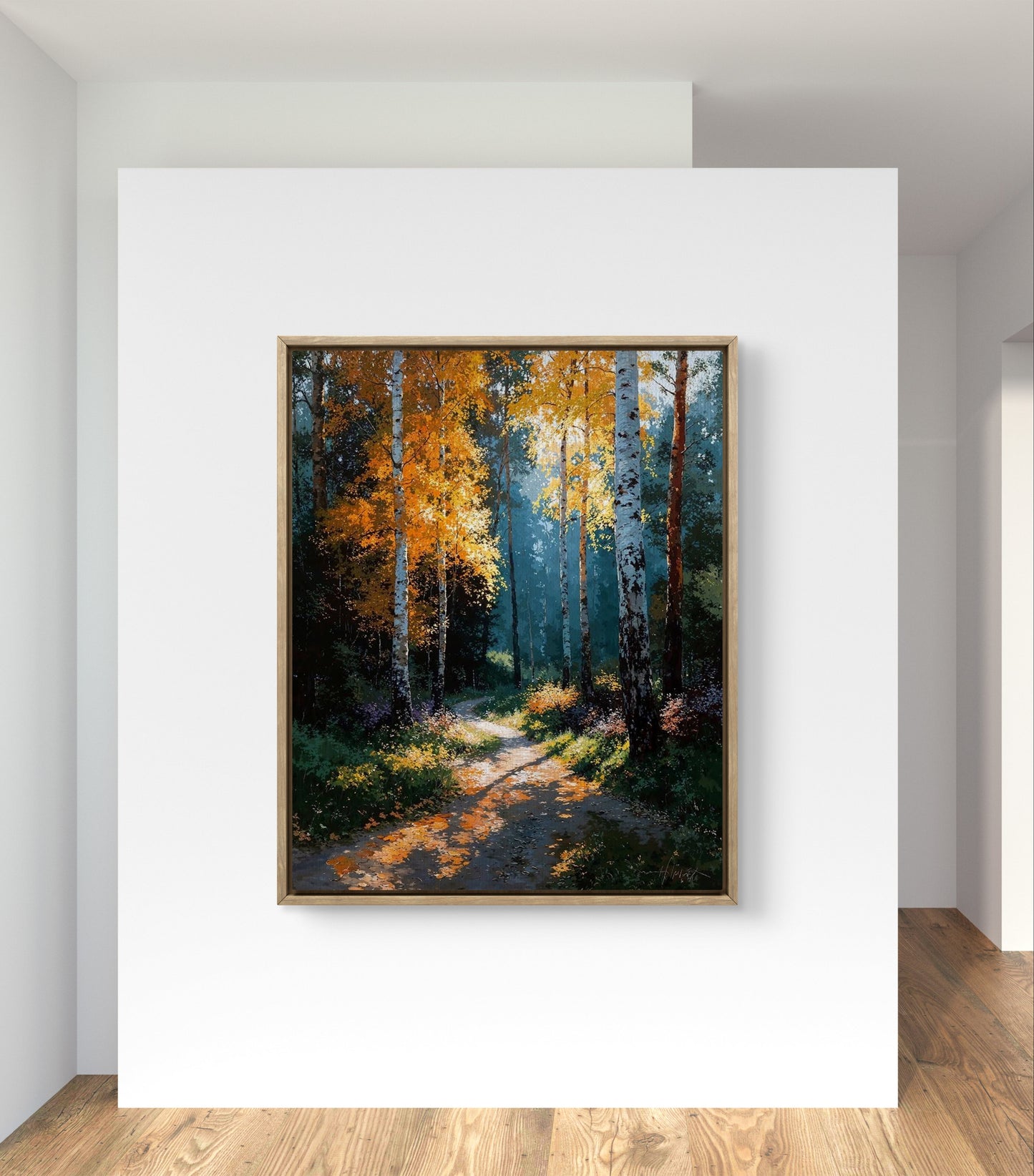 Path of Light – Journey Through the Autumn Forest Premium Wall Art Print