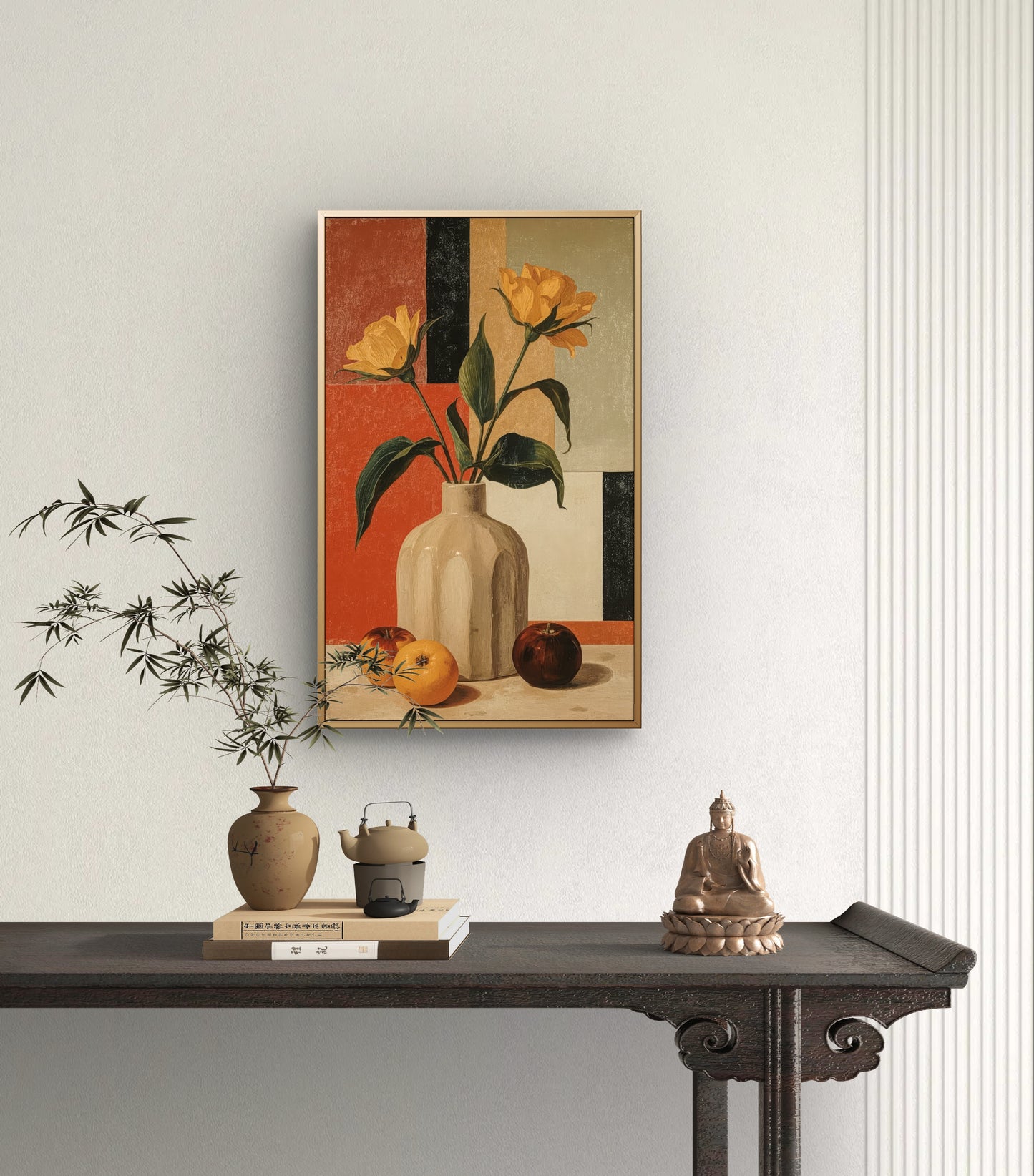 Golden Geometry – Still Life with Tulips and Oranges Premium Wall Art Print