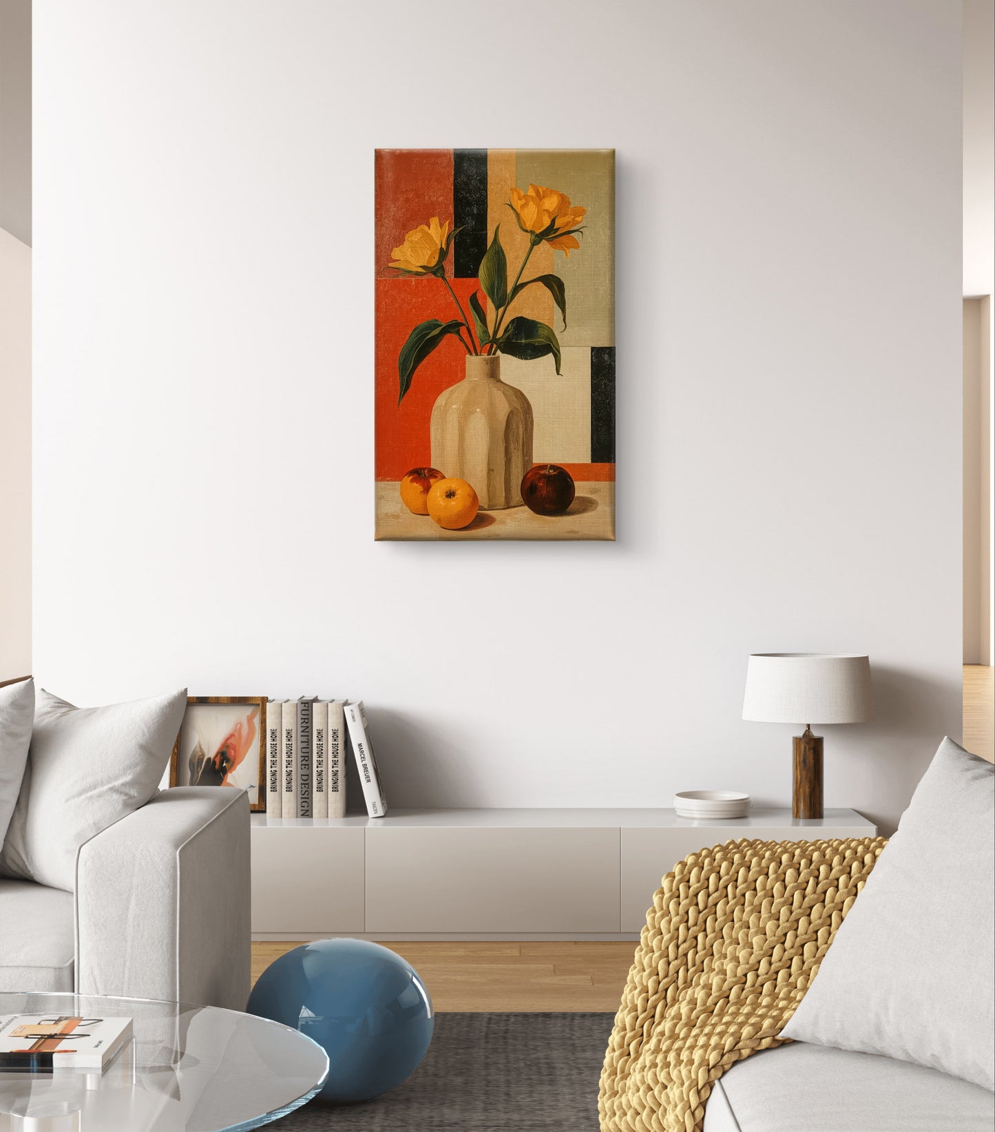Golden Geometry – Still Life with Tulips and Oranges Premium Wall Art Print