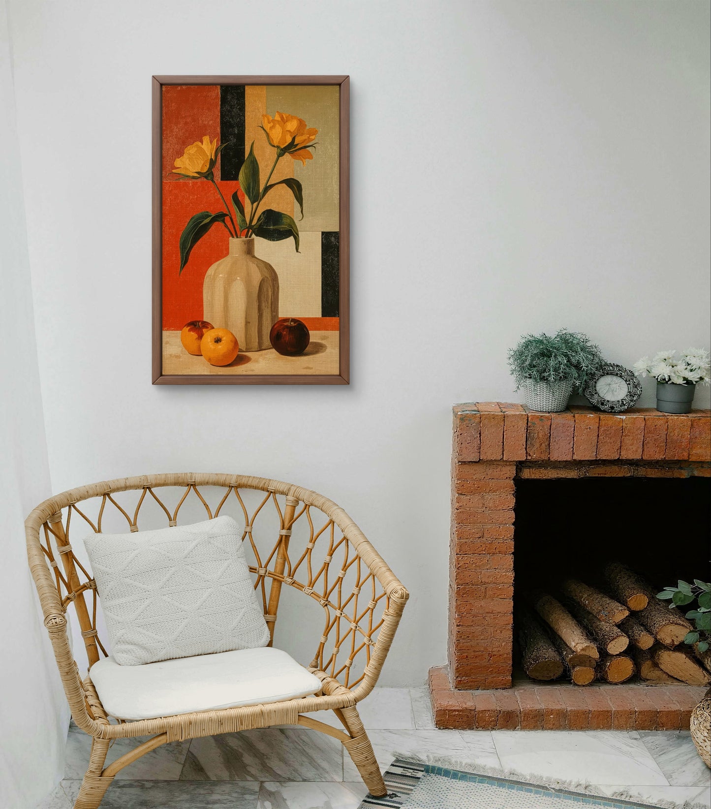 Golden Geometry – Still Life with Tulips and Oranges Premium Wall Art Print