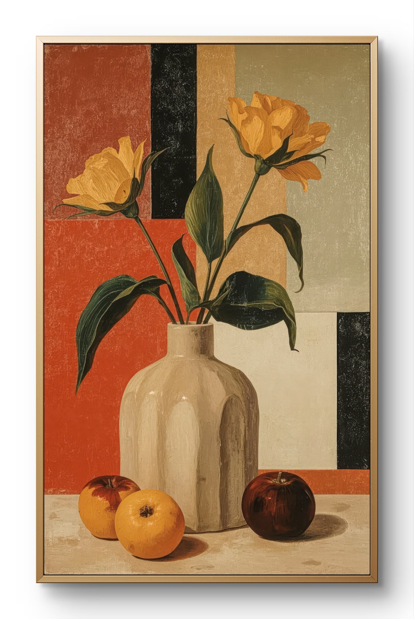 Golden Geometry – Still Life with Tulips and Oranges Premium Wall Art Print