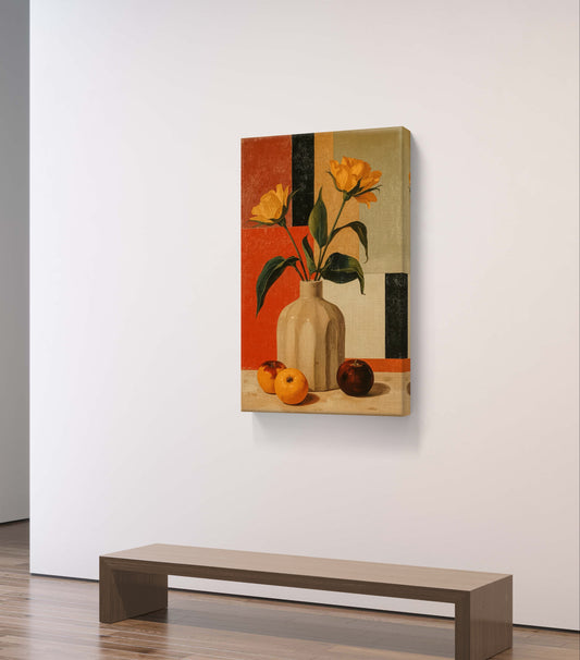 Golden Geometry – Still Life with Tulips and Oranges Premium Wall Art Print