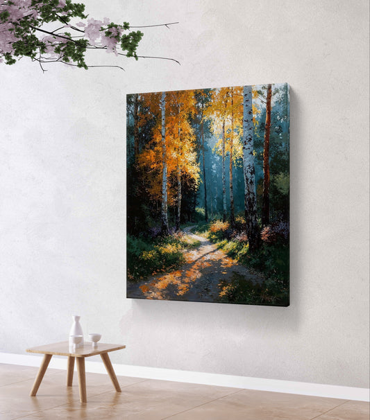 Path of Light – Journey Through the Autumn Forest Premium Wall Art Print
