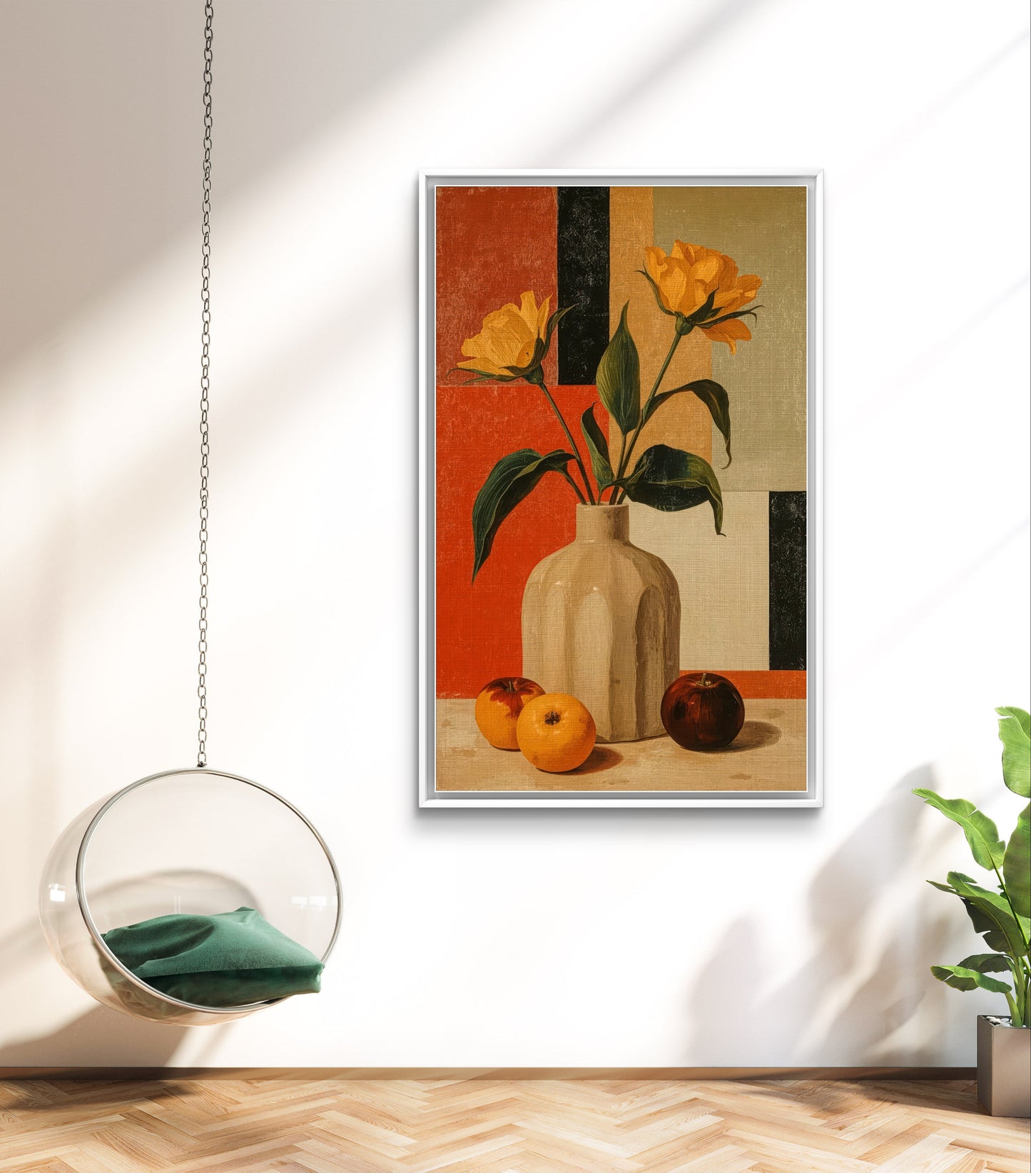 Golden Geometry – Still Life with Tulips and Oranges Premium Wall Art Print