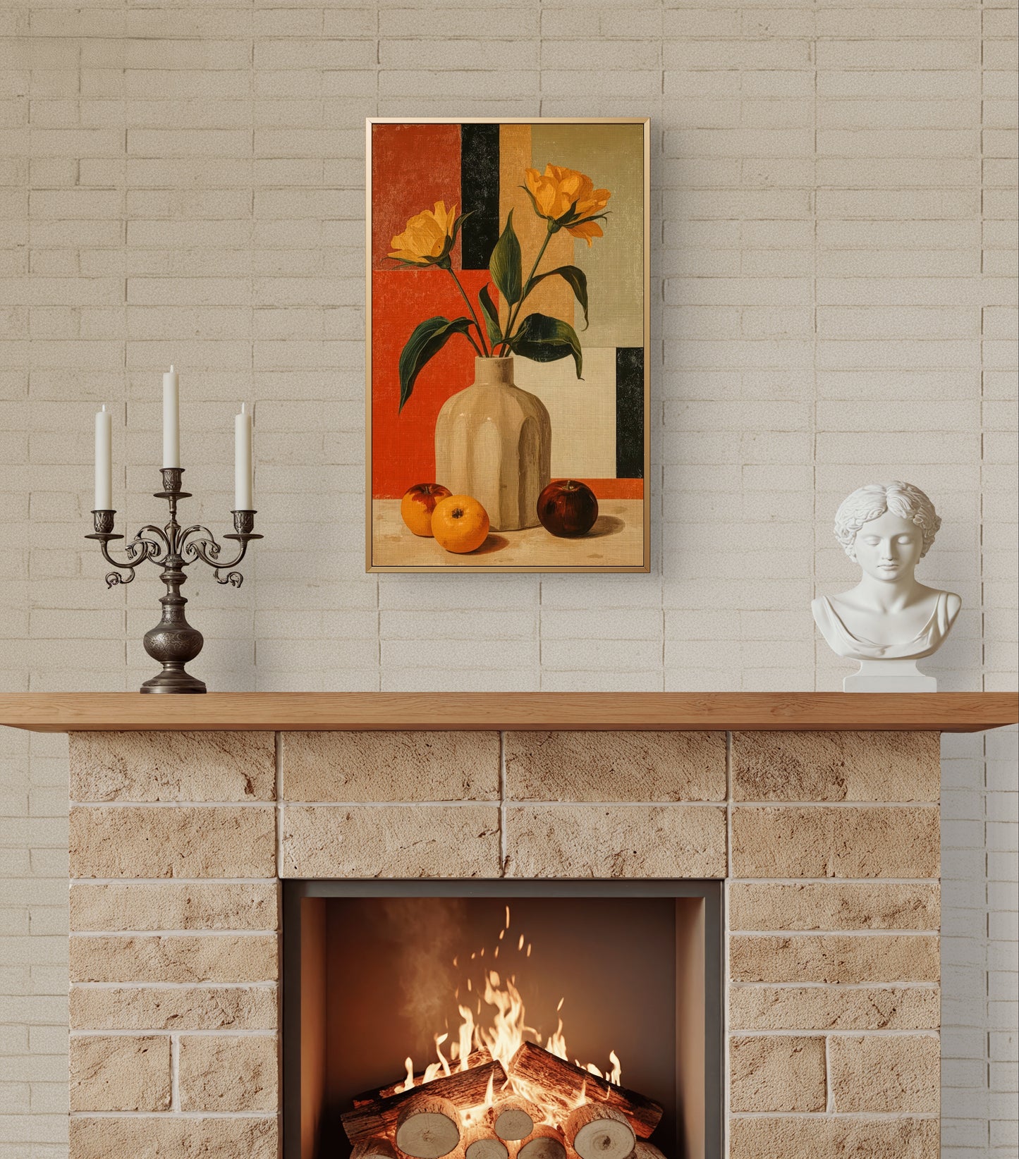 Golden Geometry – Still Life with Tulips and Oranges Premium Wall Art Print