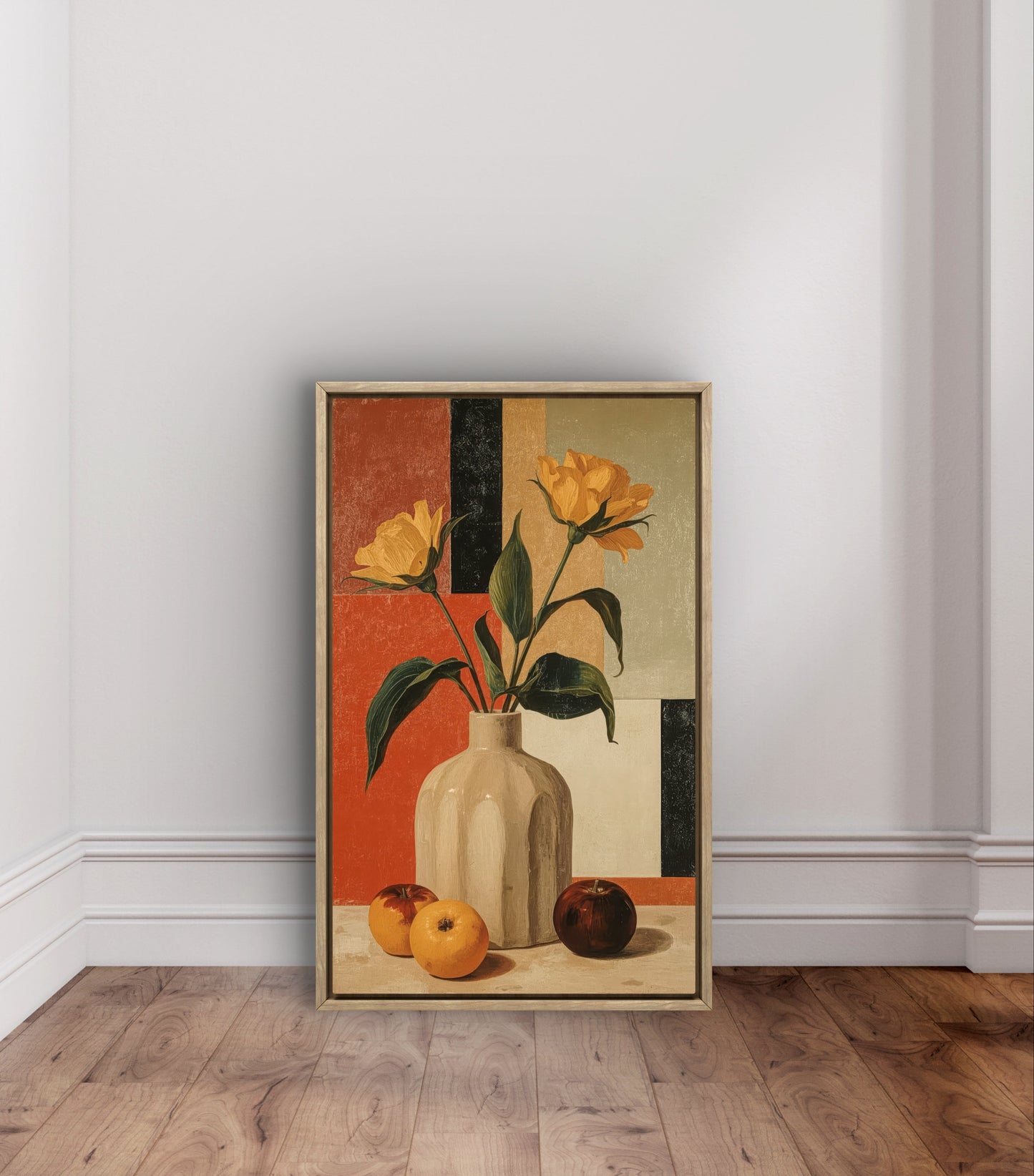 Golden Geometry – Still Life with Tulips and Oranges Premium Wall Art Print