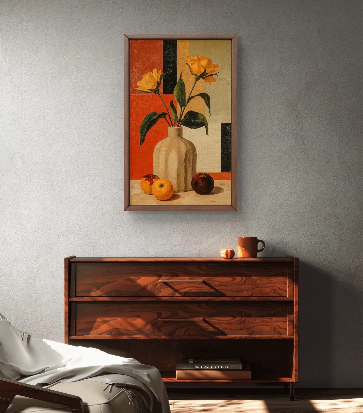 Golden Geometry – Still Life with Tulips and Oranges Premium Wall Art Print