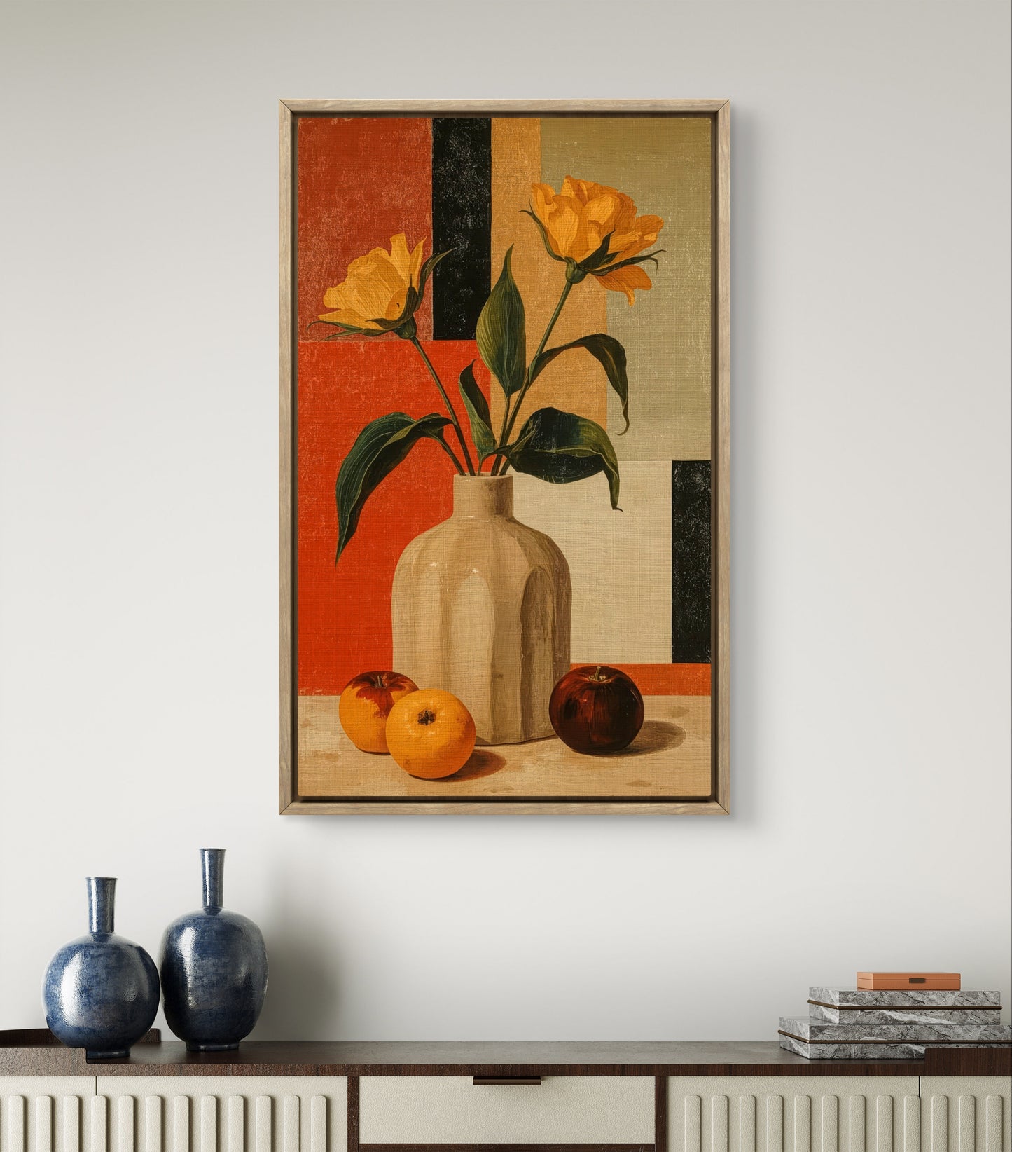 Golden Geometry – Still Life with Tulips and Oranges Premium Wall Art Print
