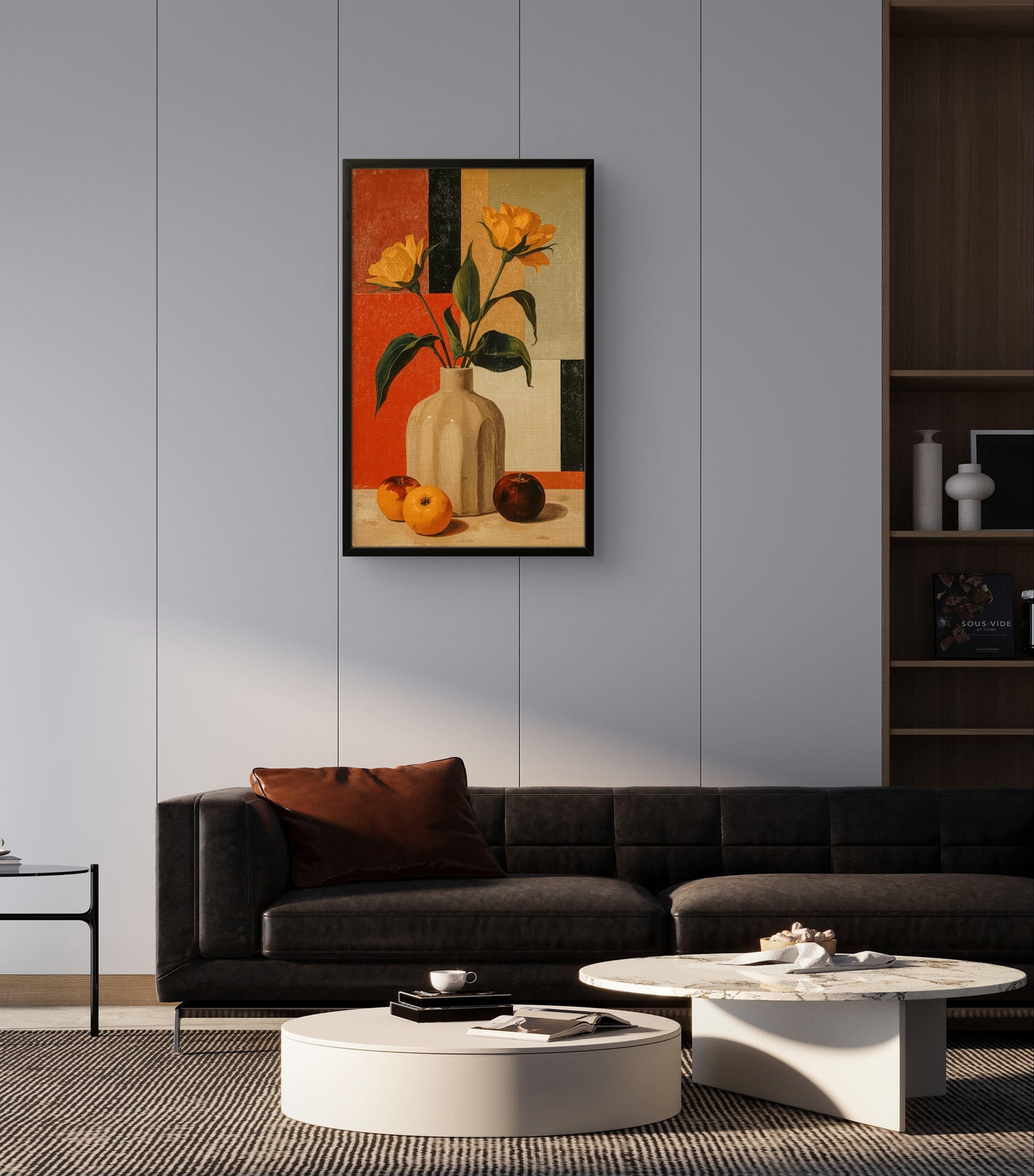 Golden Geometry – Still Life with Tulips and Oranges Premium Wall Art Print